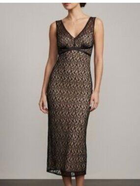 Express Y2K black V-neck lace slip dress overlay on tan knit dress.